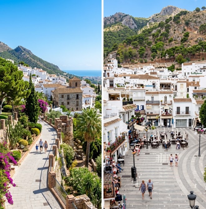 Vistas de las casas blancas, los Jardines de la Muralla y la Sierra en Mijas Pueblo, Málaga